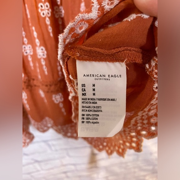 American Eagle Rust Orange Boho Embroidered Peasant Blouse Size M - Picture 6 of 8